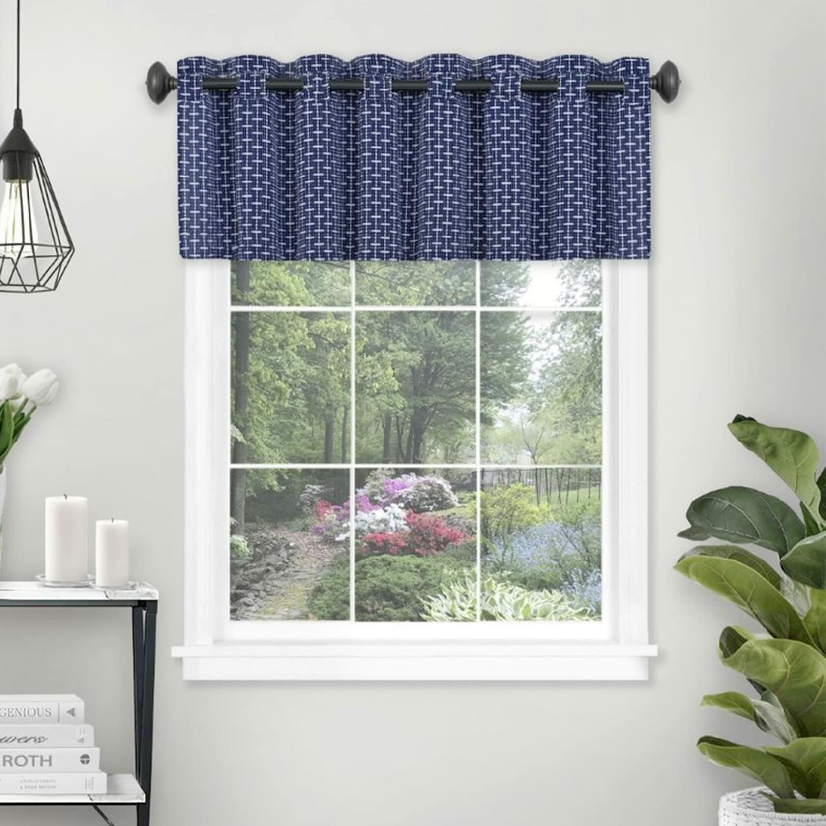 Bedford Valance Window Curtains - 58 Inch Width, 13 Inch Length - Navy - Light Filtering Fabric & Machine Washable Drapes, Yarn Dyed Woven Accents for Bedroom Living & Dining Room by Achim Home Decor