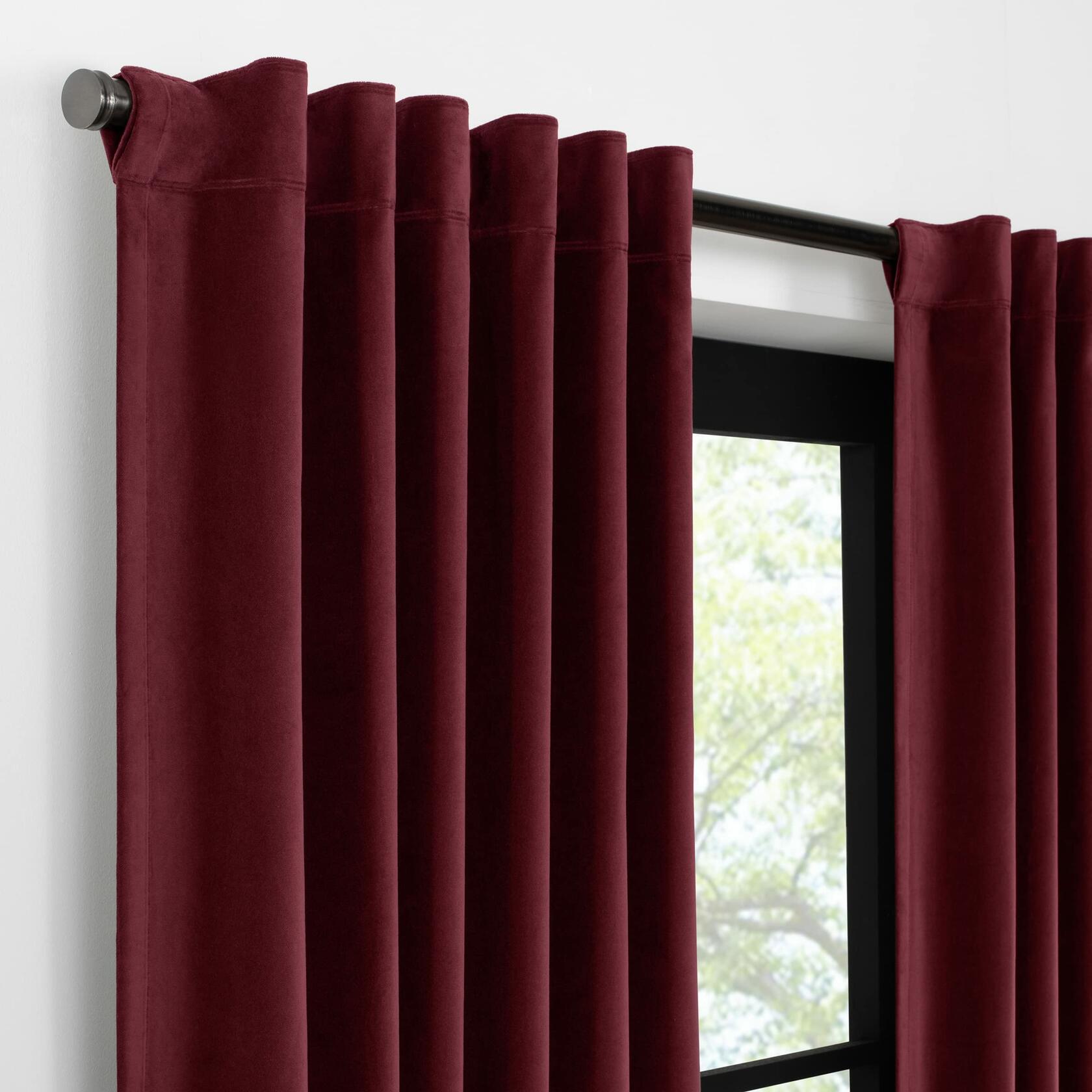 Eclipse Luxury Cotton Velvet 100% Blackout Rod Pocket Back Tab 96" x 50" Curtain Window Panel in Port