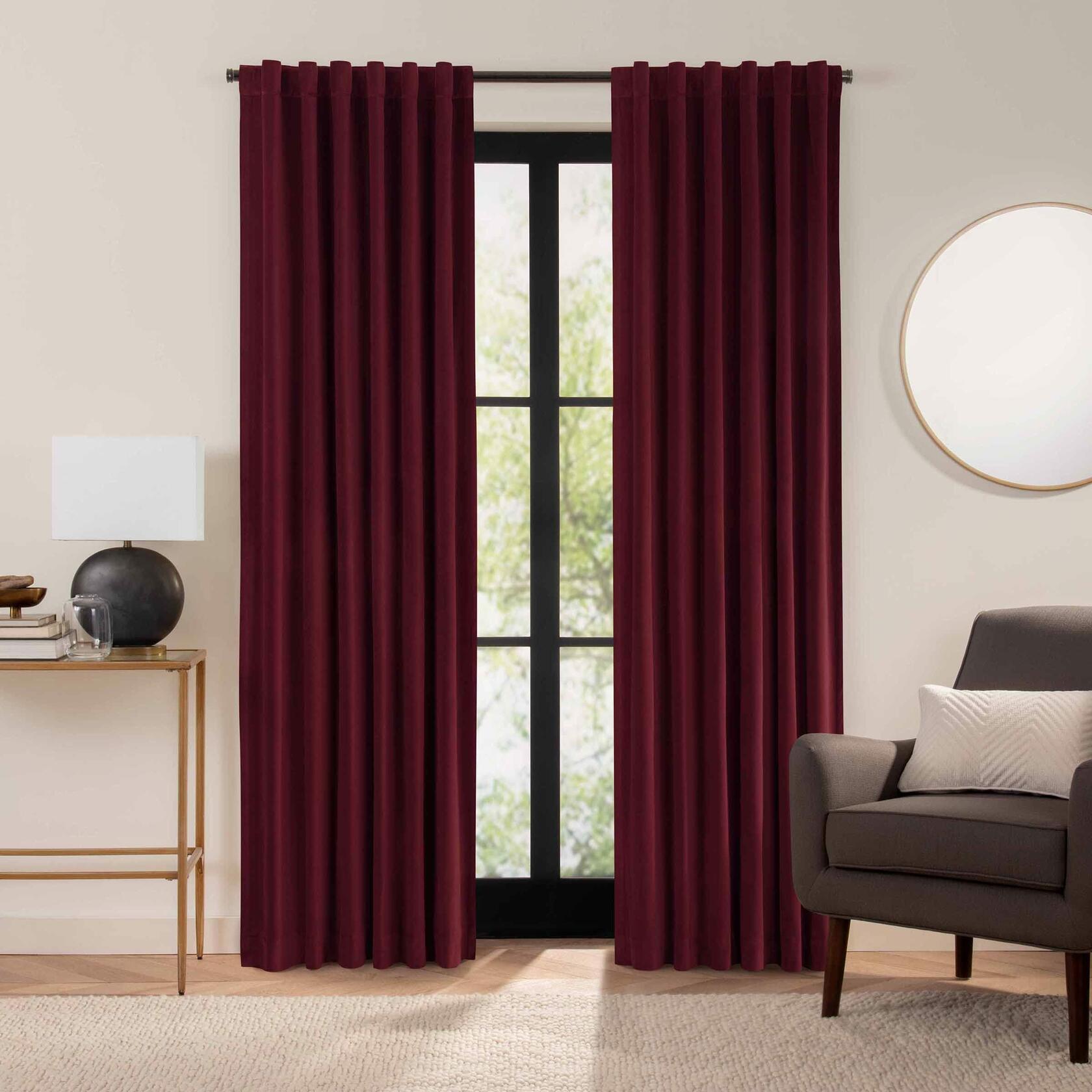 Eclipse Luxury Cotton Velvet 100% Blackout Rod Pocket Back Tab 96" x 50" Curtain Window Panel in Port