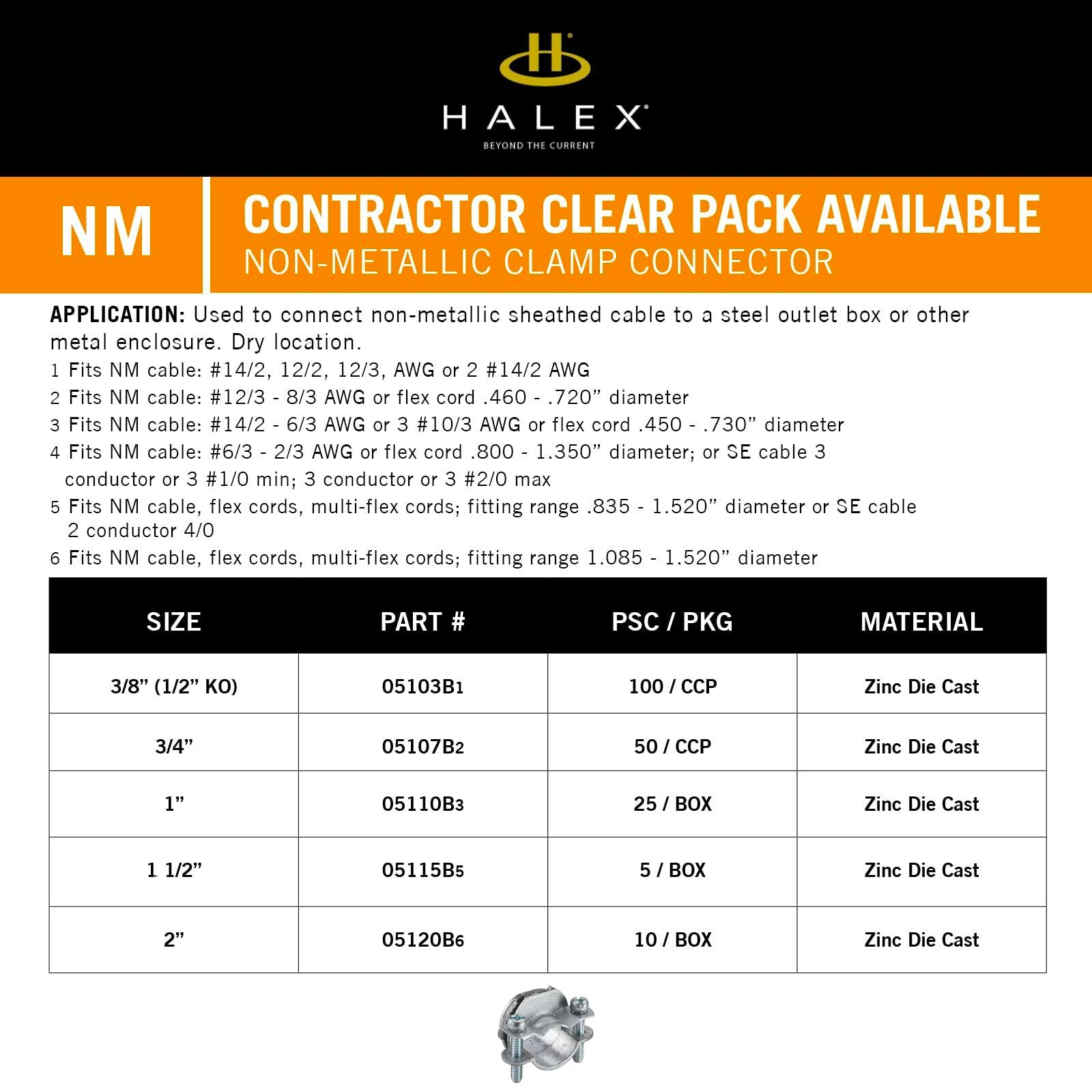 Halex � 1 Inch Non Metallic Clamp Connector � 05110B � 25 Per Pack � Silver