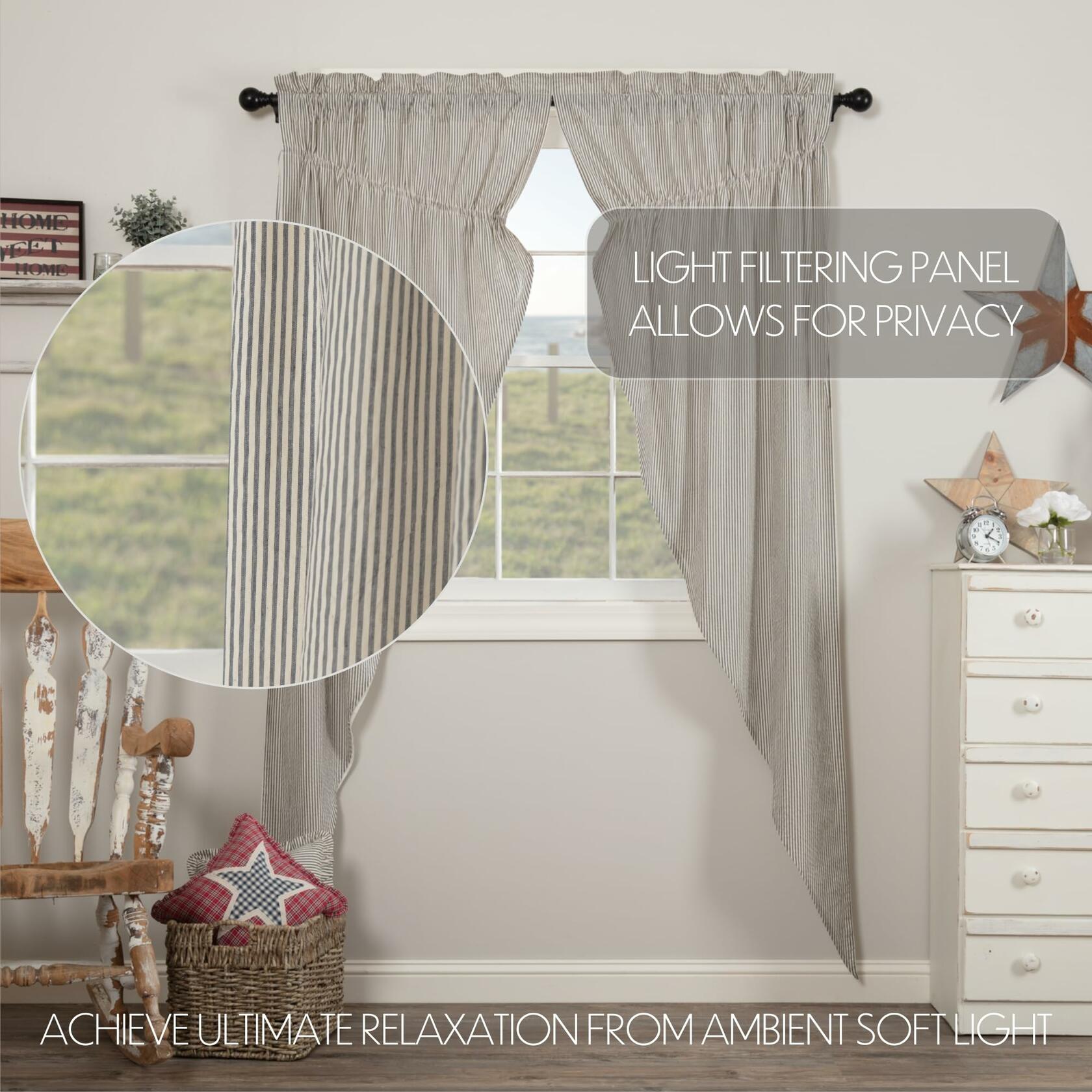 VHC Brands Hatteras Seersucker Ticking Striped Cotton Americana Curtains Rod Pocket Drawstring Ties Prairie Panel Pair, 84x36x18, Denim Blue