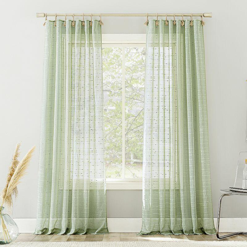 50"x96" No. 918 Light Filtering Semi-Sheer Noemi Slub Striped Rope Tab Top Curtain Panel Sage Green: Green Curtains, Indoor Use