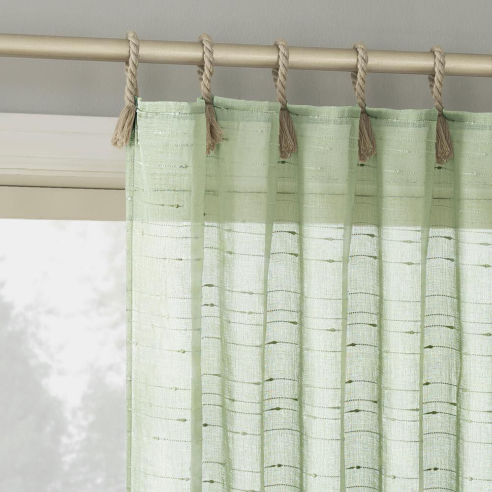 50"x96" No. 918 Light Filtering Semi-Sheer Noemi Slub Striped Rope Tab Top Curtain Panel Sage Green: Green Curtains, Indoor Use