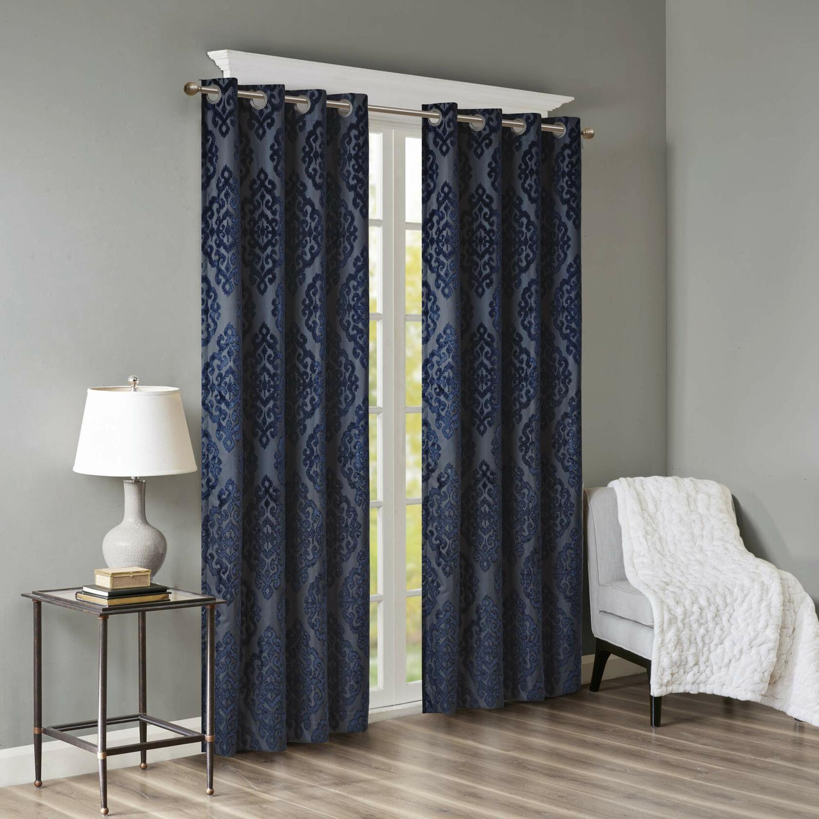 Sun Smart Mirage 100% Total Blackout Single Window Curtain, Knitted Jacquard Damask Room Darkening Curtain Panel with Grommet Top 50 x 108 in, Navy