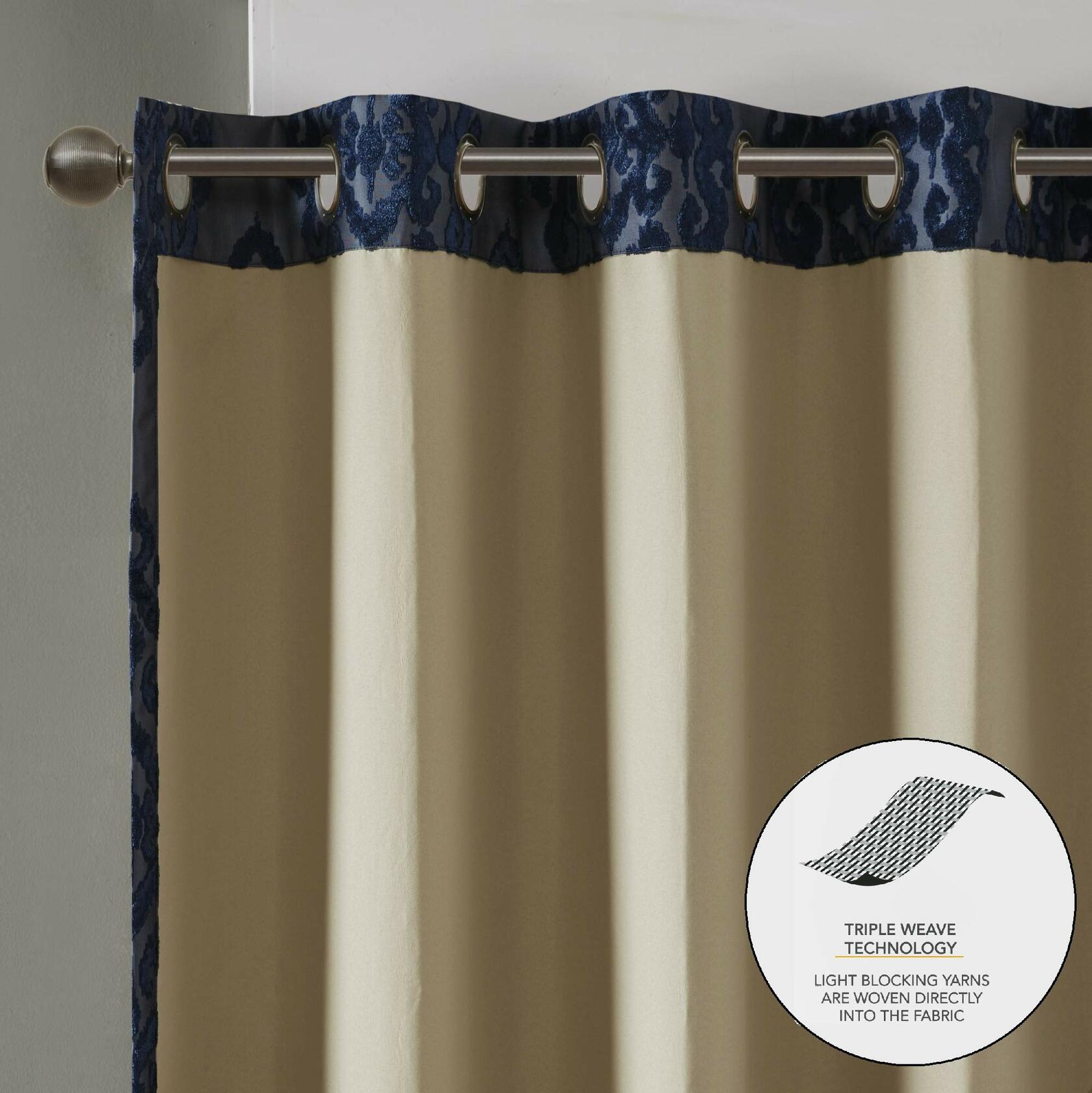 Sun Smart Mirage 100% Total Blackout Single Window Curtain, Knitted Jacquard Damask Room Darkening Curtain Panel with Grommet Top 50 x 108 in, Navy