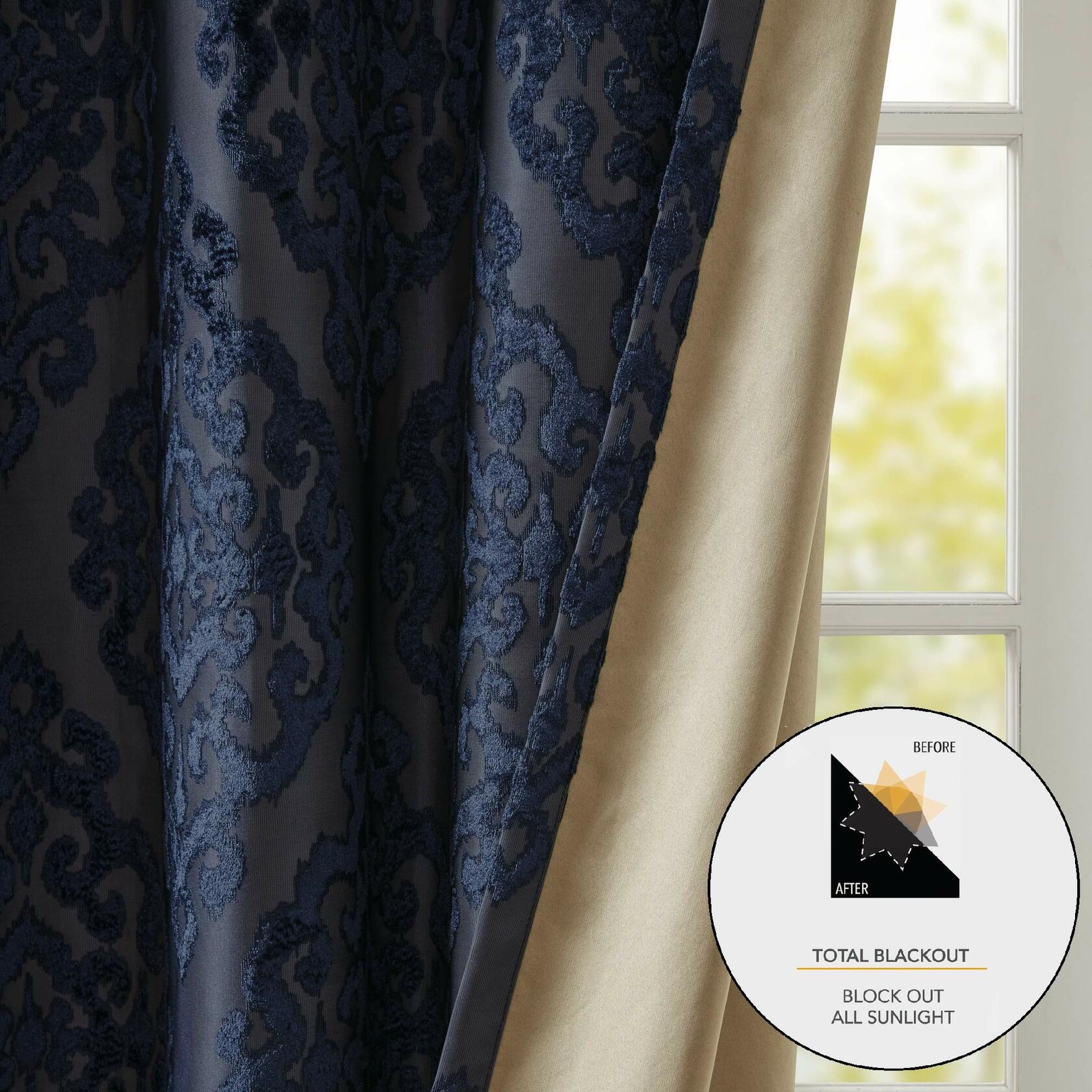 Sun Smart Mirage 100% Total Blackout Single Window Curtain, Knitted Jacquard Damask Room Darkening Curtain Panel with Grommet Top 50 x 108 in, Navy