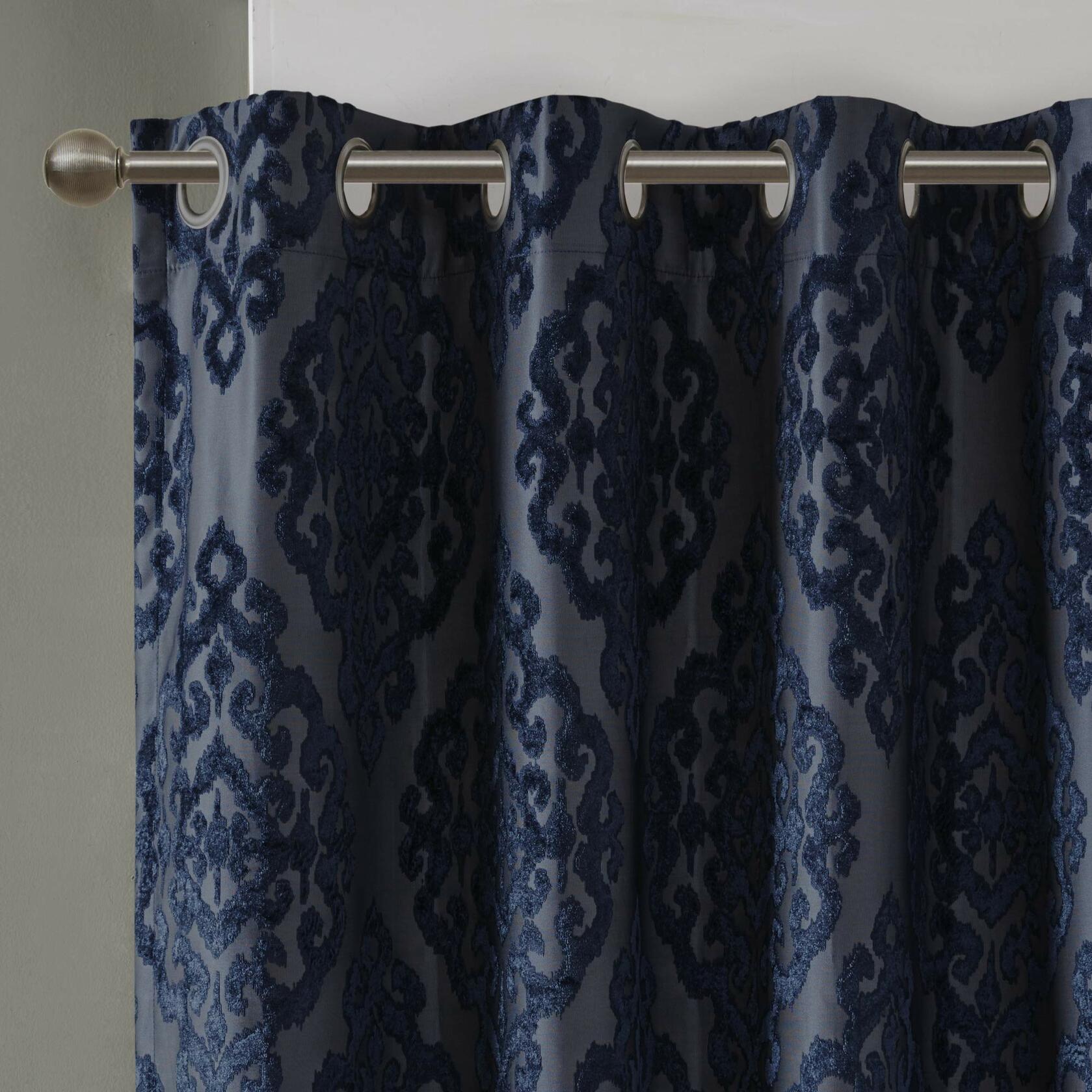 Sun Smart Mirage 100% Total Blackout Single Window Curtain, Knitted Jacquard Damask Room Darkening Curtain Panel with Grommet Top 50 x 108 in, Navy