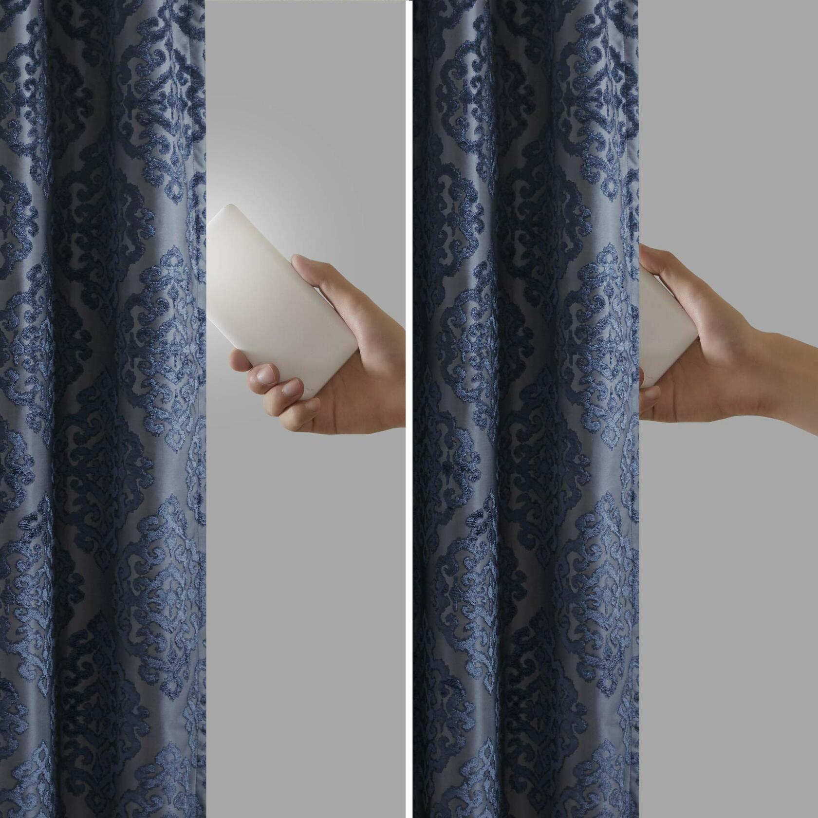 Sun Smart Mirage 100% Total Blackout Single Window Curtain, Knitted Jacquard Damask Room Darkening Curtain Panel with Grommet Top 50 x 108 in, Navy