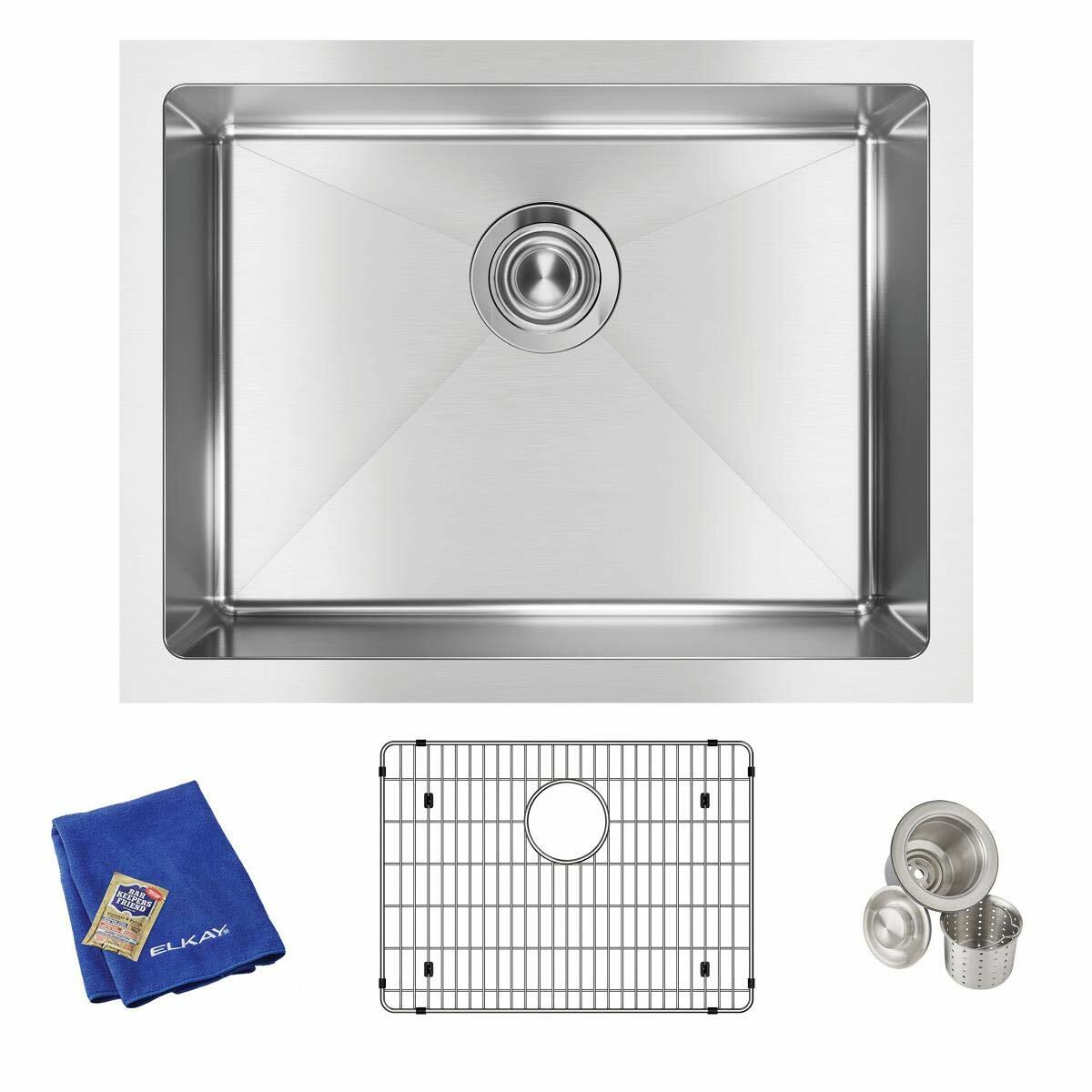 Elkay EFRU211510TC Crosstown 23-1/2" Undermount Single Basin Stainless Steel Kitchen Sink with Basin Rack and Basket Strainer - Stainless Steel
