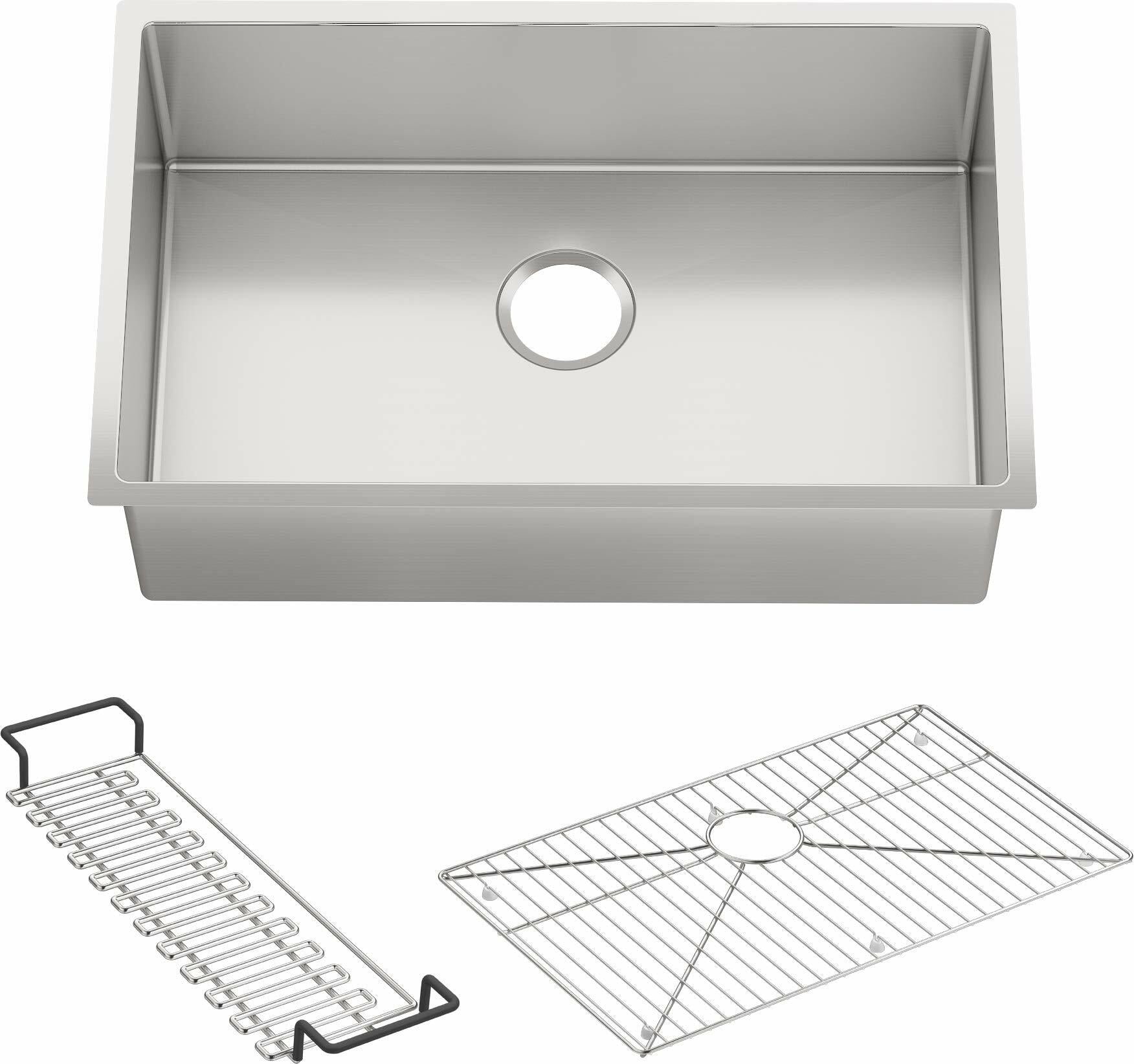 KOHLER K-5409-NA Strive 29-Inch x 18-5/16-Inch Undermount Medium SingleBowl Kitchen Sink with Basin Rack, Stainless Steel