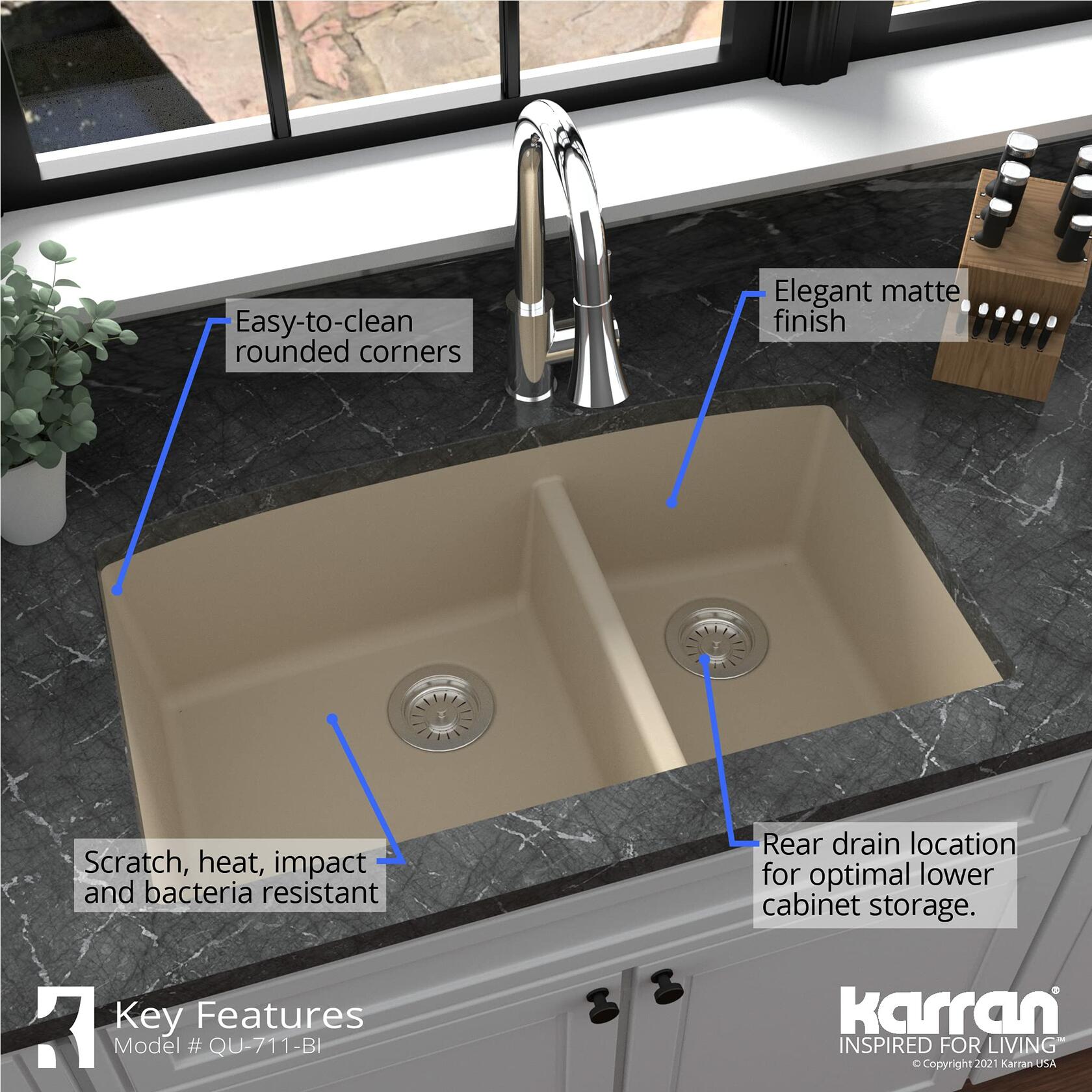 Karran QU-711 Undermount Quartz Composite 32 in. 60/40 Double Bowl Kitchen Sink in Bisque