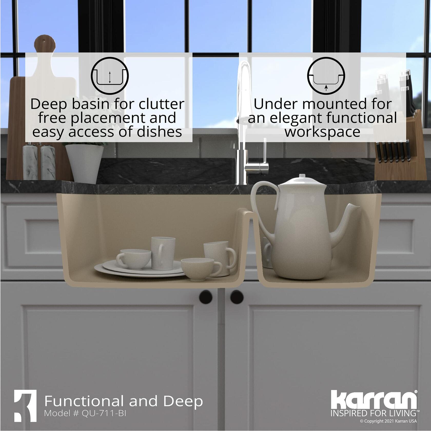 Karran QU-711 Undermount Quartz Composite 32 in. 60/40 Double Bowl Kitchen Sink in Bisque