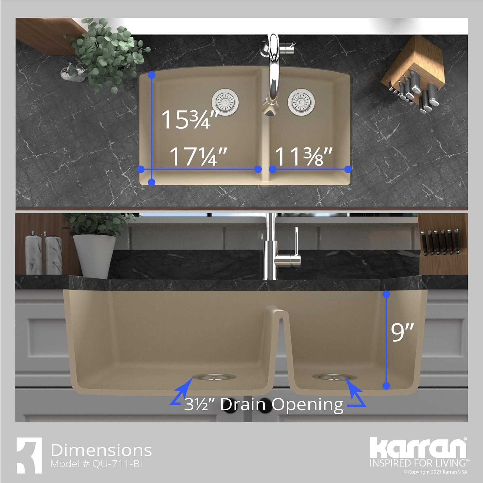 Karran QU-711 Undermount Quartz Composite 32 in. 60/40 Double Bowl Kitchen Sink in Bisque