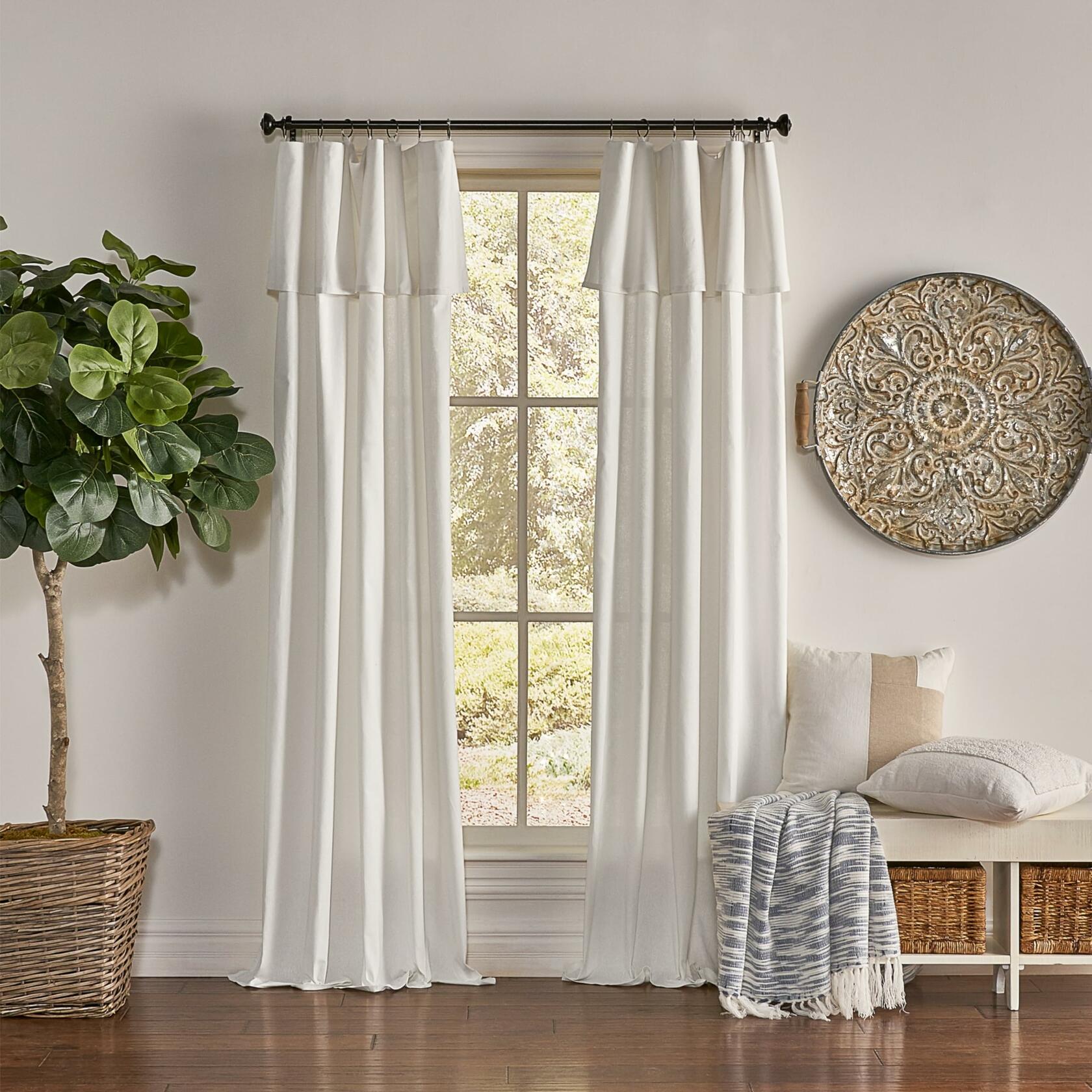 Mercantile Drop Cloth Curtain Panel, Light Filtering Ring & Tab Top with Attached Valance, 108 in Long x 50 in Wide, Farmhouse Single Window Panel, Bedroom, Living Room & Dining Room, Off White