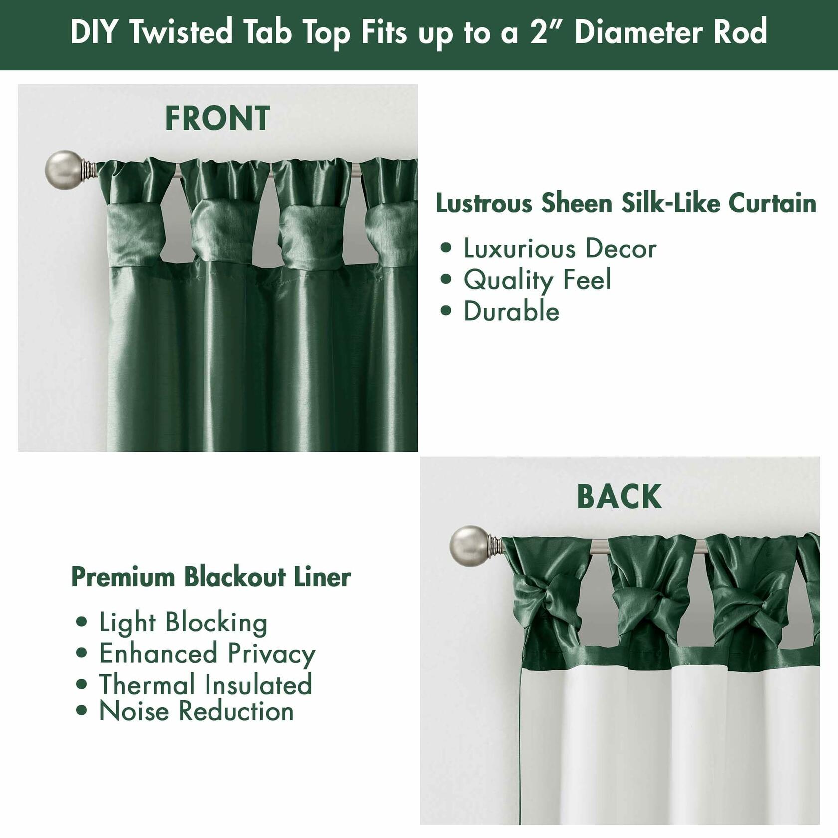 Madison Park Emilia Faux Silk Single Curtain with Privacy Lining, DIY Twist Tab Top, Window Drape for Living Room, Bedroom and Dorm, 95" L x 50" W, Green