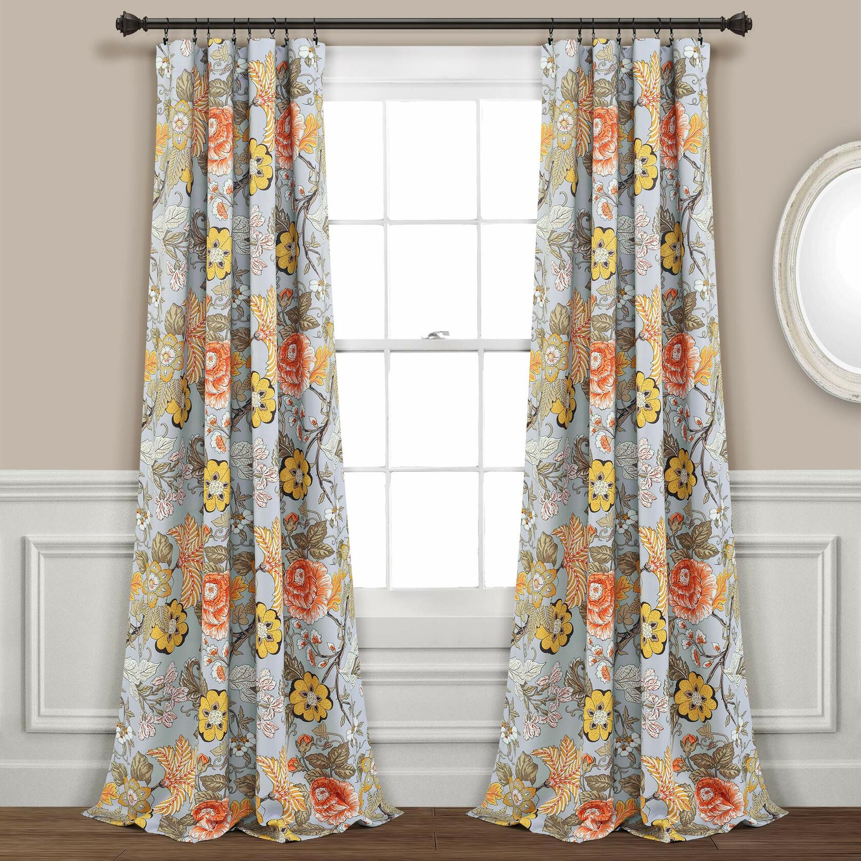 Lush Decor Sydney Light Filtering Window Curtain Panels, Pair, 52" W x 84" L, Gray & Yellow - Drapes - Floral Curtains for Bedroom - Vintage Curtains - Coquette Decor