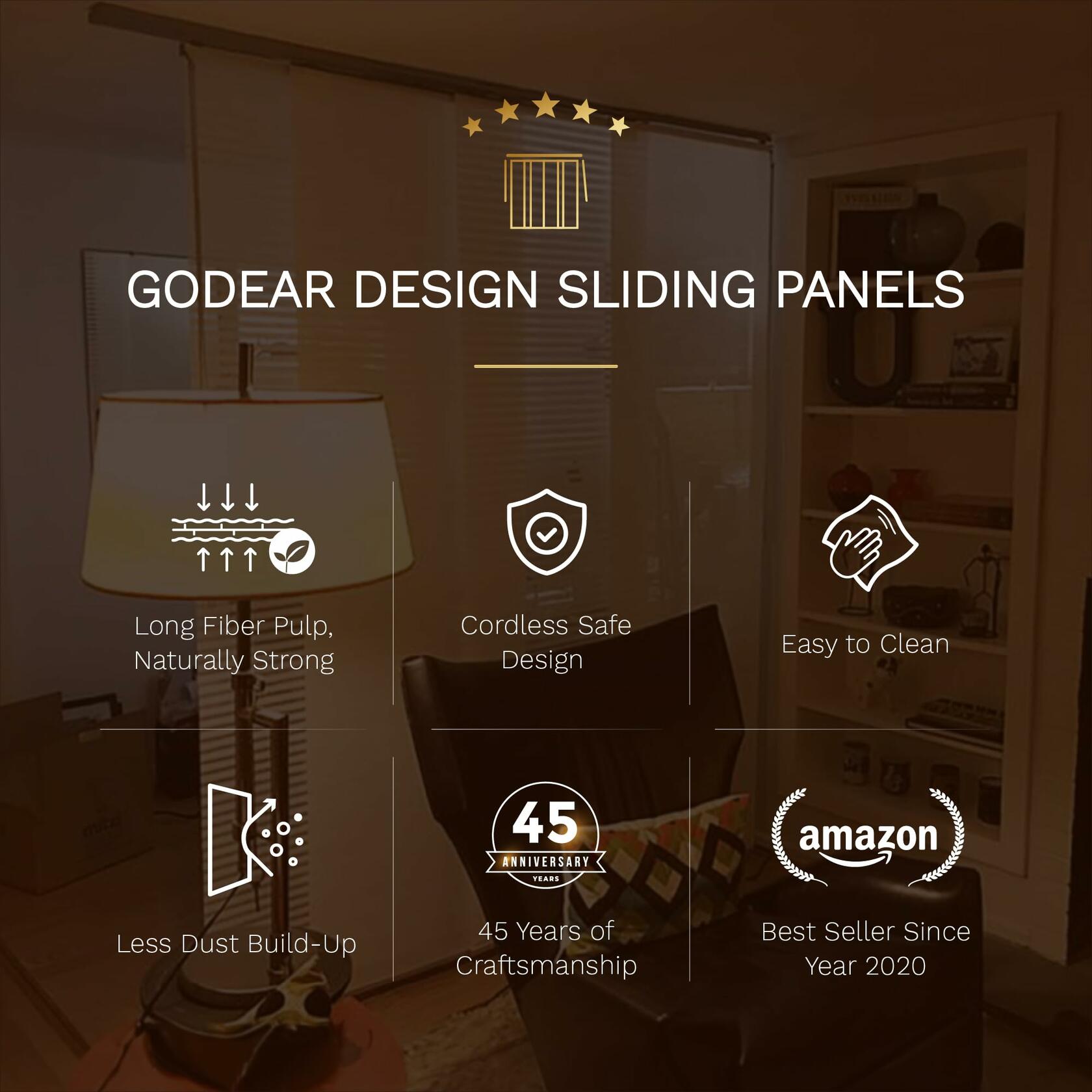 GoDear Design 99.99% Blackout Adjustable Sliding Door Blinds, Privacy Curtain Panels, Extendable Track from 45.8" to 86" W, Trimmable Fabric Panel Up to 96" H, Snowfall Night