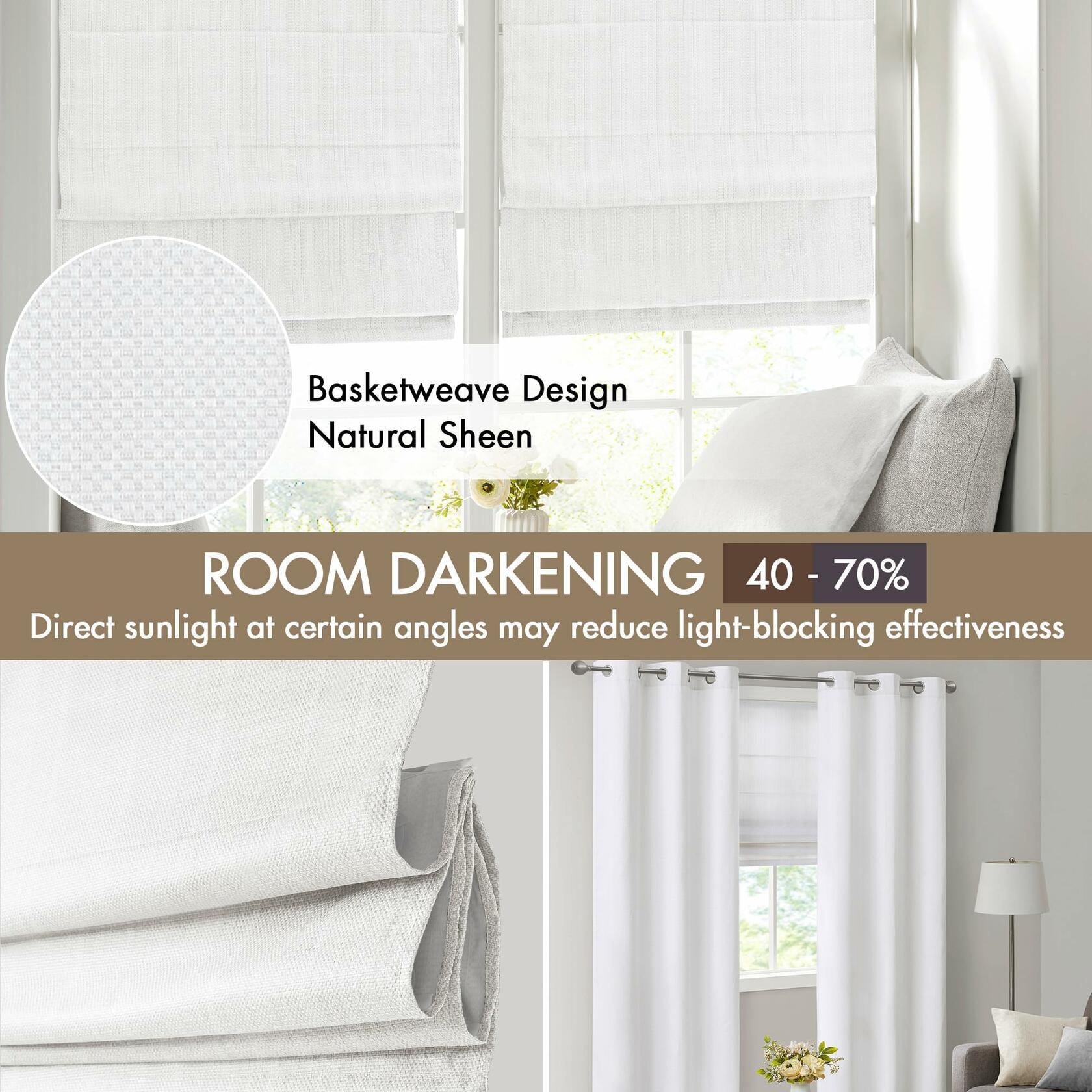 Madison Park Galen Cordless Fabric Privacy Single Panel Darkening, Energy Efficient Roman Shade, Window Curtain, 35"W x 64"H, Basketweave Sheen White