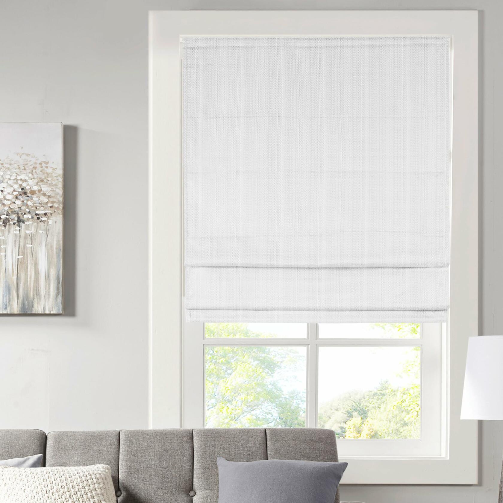 Madison Park Galen Cordless Roman Shade, 27" W x 64" H, White – 100% Blackout, Thermal Insulated, Energy Efficient Window Blind with Subtle Sheen Basketweave Fabric for Privacy