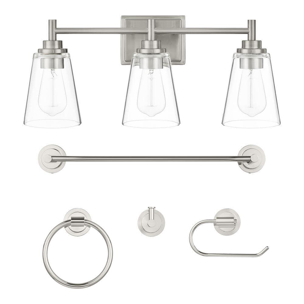 Wakefield 22.5 in. 3-Light Chrome Industrial Vanity Light with Matching 4-Piece Bathroom Hardware Accessory Kit