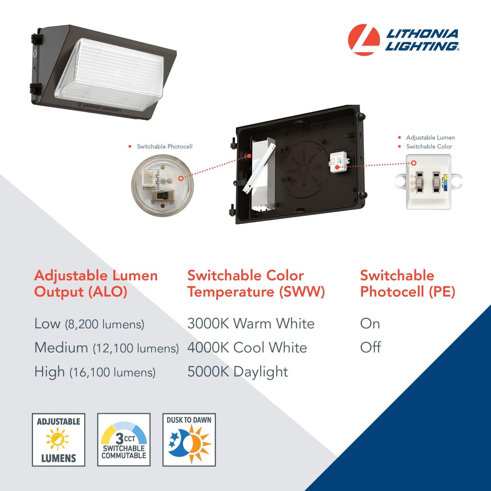 Lithonia Lighting 17" LED Wall Pack Outdoor Light Fixture, 3-Way Selectable CCT 3000K/4000K/5000K, Adjustable Lumens, Dusk to Dawn Photocell, UVOLT, Bronze (TWR2 LED ALO SWW2 UVOLT PE DDBTXD)