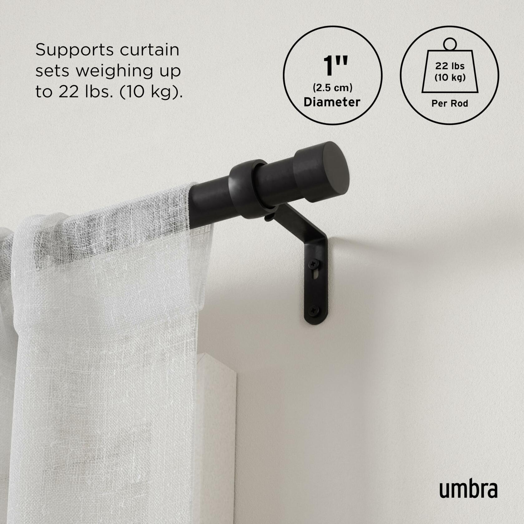 Umbra Cappa Modern 1" Curtain Rod, Includes 2 Matching Finials, Brackets & Hardware, Black