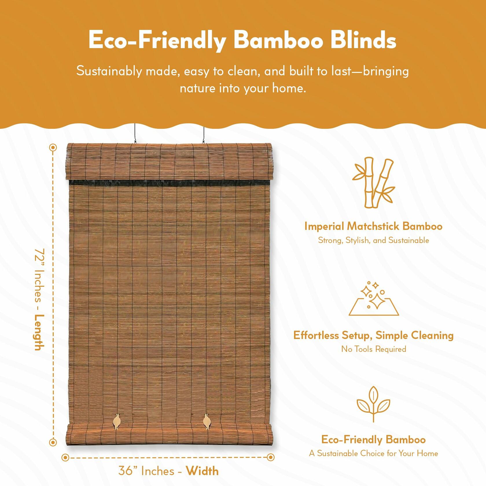Radiance Cord Free Bamboo Shades for Porch, Patio & Sunroom - Imperial Matchstick Blinds for Light Filtering - Roll-Up Bamboo Blinds for Outside Mount - Brown - 60" x 72" - (1108119)