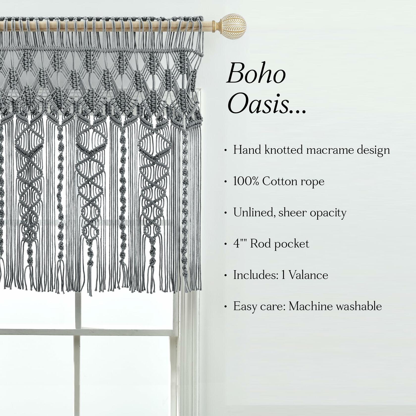 Lush Decor Boho Macrame Textured Cotton Valance, 50" W x 20" L, Gray - Boho Kitchen Curtains & Wall Decor - Macrame Valance - Bathroom Window Curtains