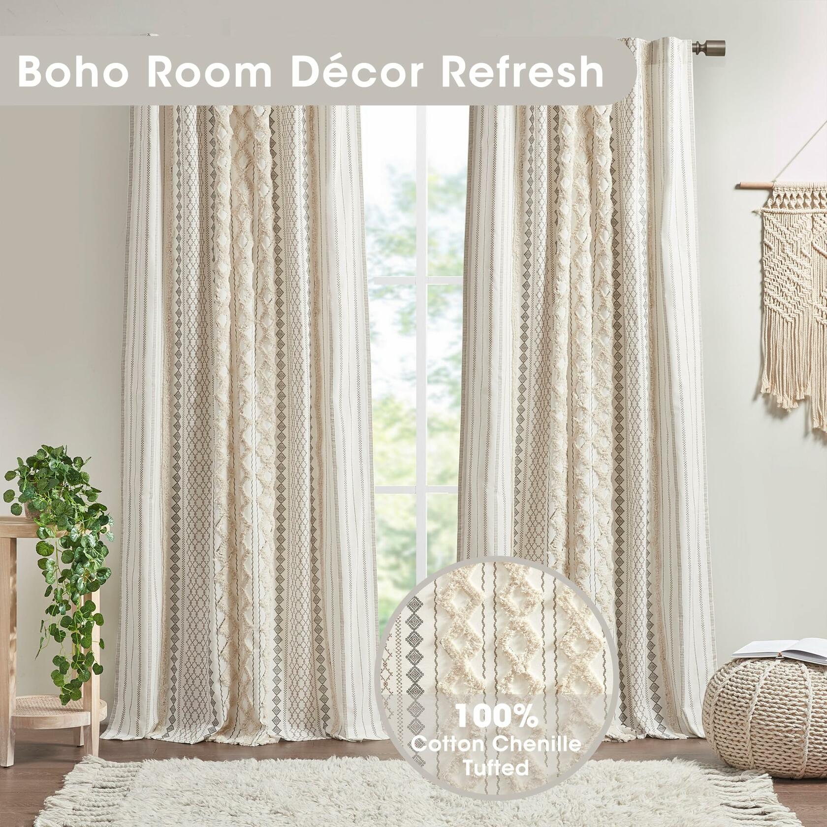 INK+IVY Boho Curtains for Bedroom & Living Room, 100% Cotton Tufted Chenille Stripe Modern Farmhouse Curtains, Light Filtering Drapes, 50" x 95", Ivory