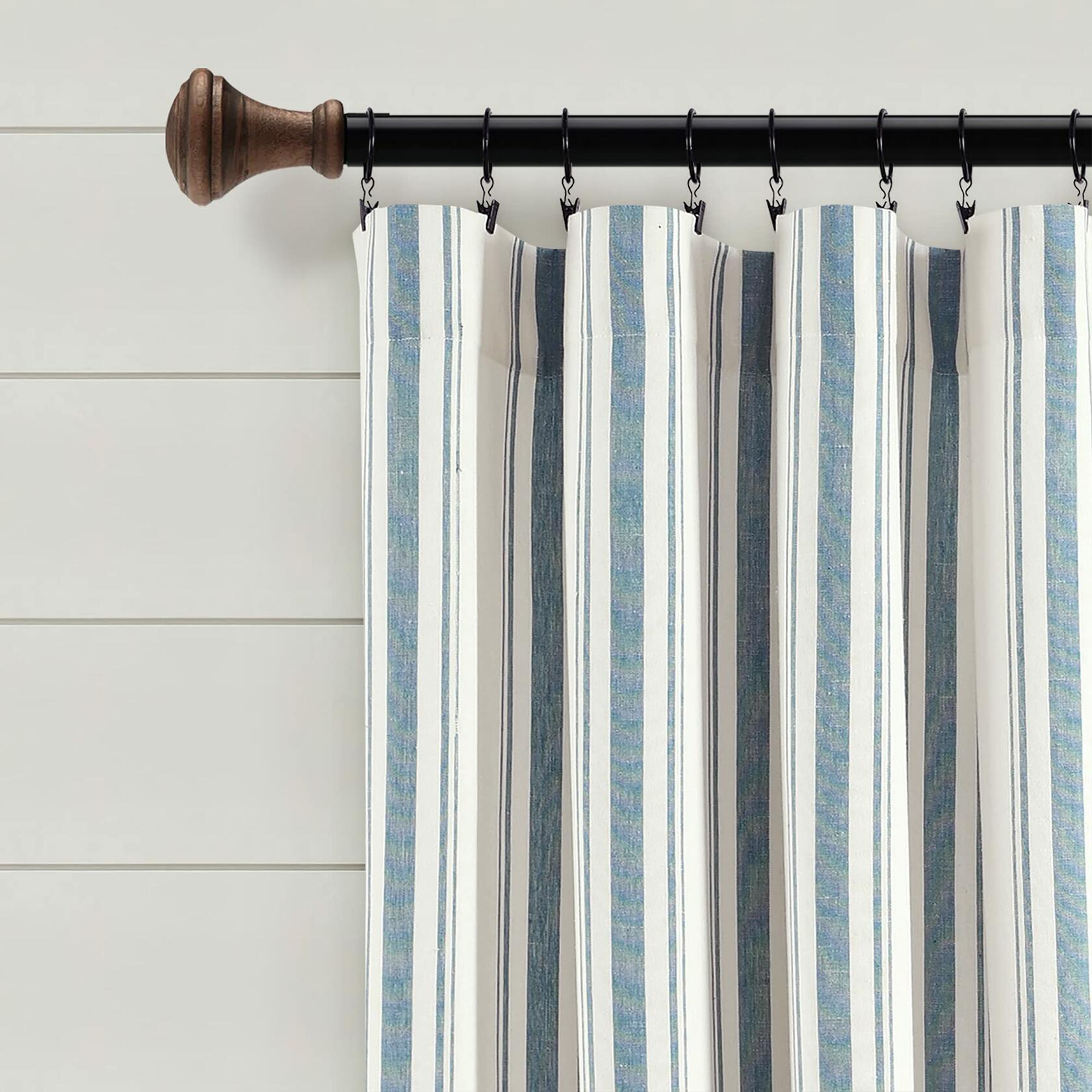 Lush Decor Farmhouse Stripe Yarn Dyed Eco-Friendly Recycled Cotton Window Curtain Panel Pair, 42" W x 95" L, Blue - Classic Modern Rustic Charm - Eco Friendly Cotton Fabric