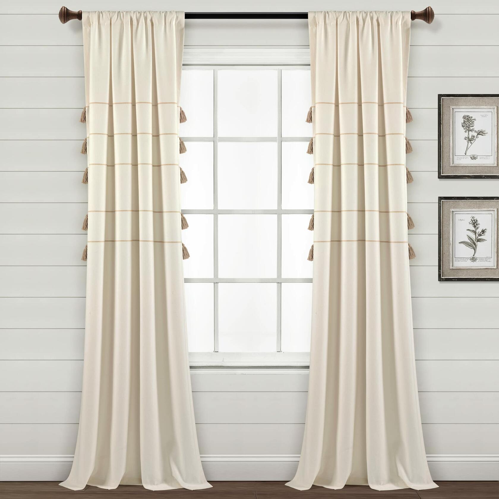 Lush Decor Farmhouse Boho Stripe Woven Tassel Yarn Dyed Cotton Blend Window Curtain Panels Pair 42" W x 84" L Ivory & Wheat - Striped Living Room Curtains