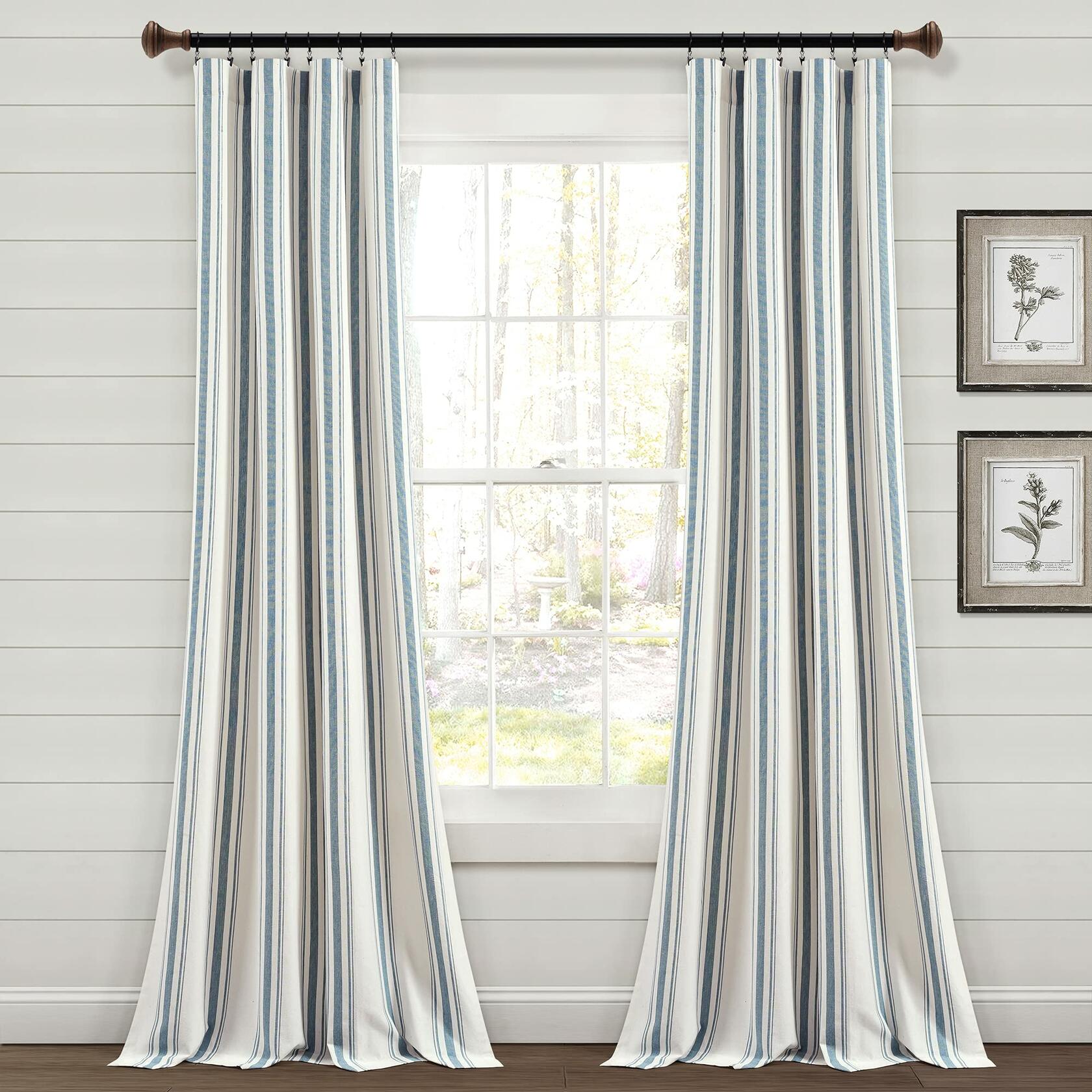 Lush Decor Farmhouse Stripe Yarn Dyed Eco-Friendly Recycled Cotton Window Curtain Panel Pair, 42" W x 95" L, Blue - Classic Modern Rustic Charm - Eco Friendly Cotton Fabric