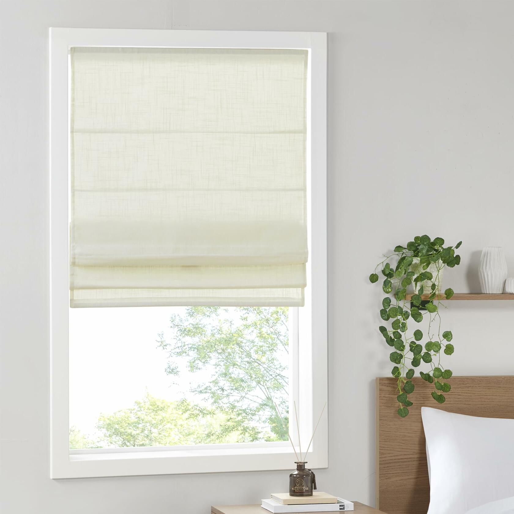 Madison Park Kyler Cordless Roman Shades - Single Panel, Lightweight Linen Blend Fabric, Natural Design, Easy Installation, Light Filtering Window Blind, Bedroom, Living Room Decor 34"W x 64"L Ivory