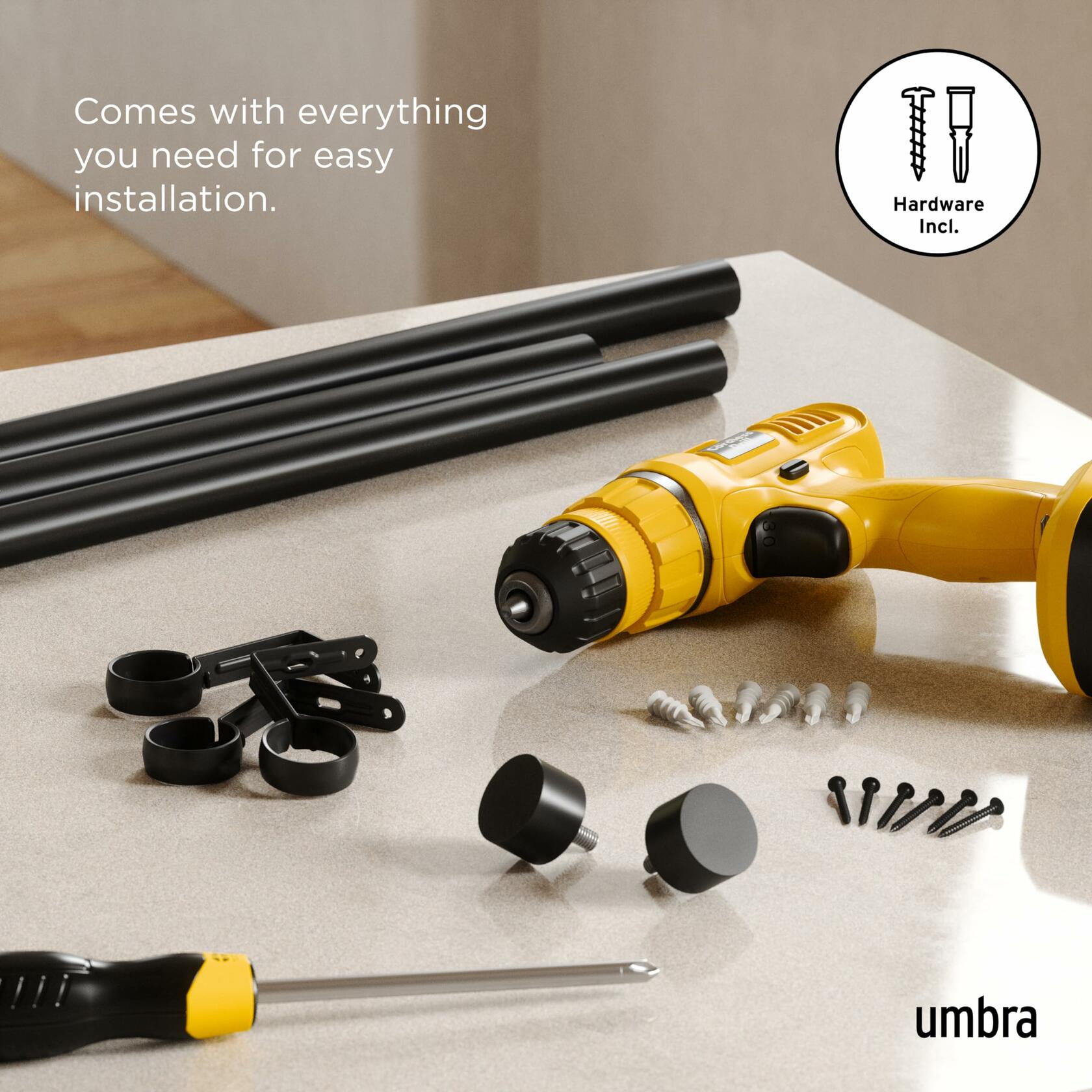 Umbra Cappa Modern 1" Curtain Rod, Includes 2 Matching Finials, Brackets & Hardware, Black