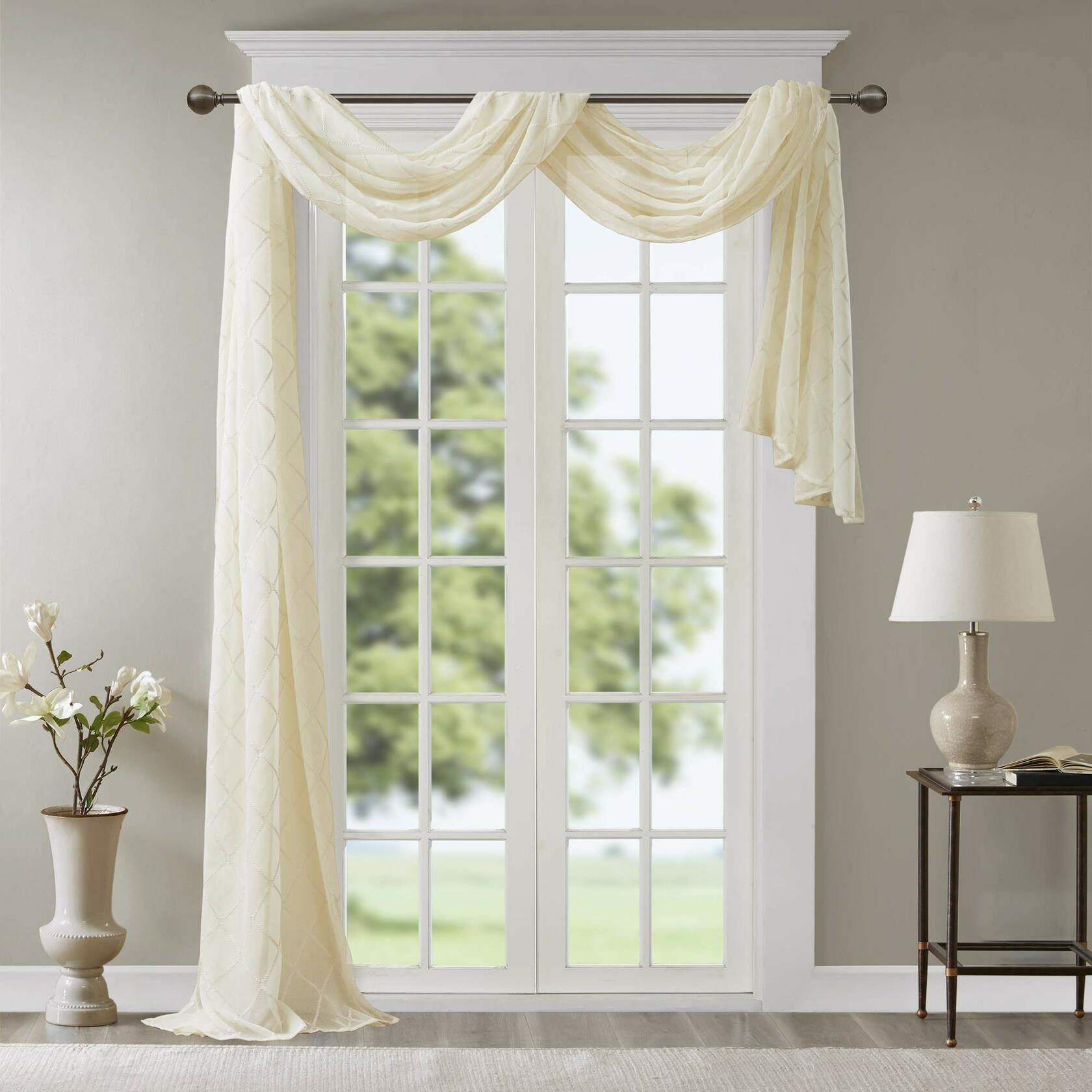 Madison Park Ivory Sheer Curtains For Kitchen, Transitional Fabric Sheer Curtain For Living Room, Irina Embroidered Curtain Sheers , 50"W" x 216"L , 1-Panel Pack