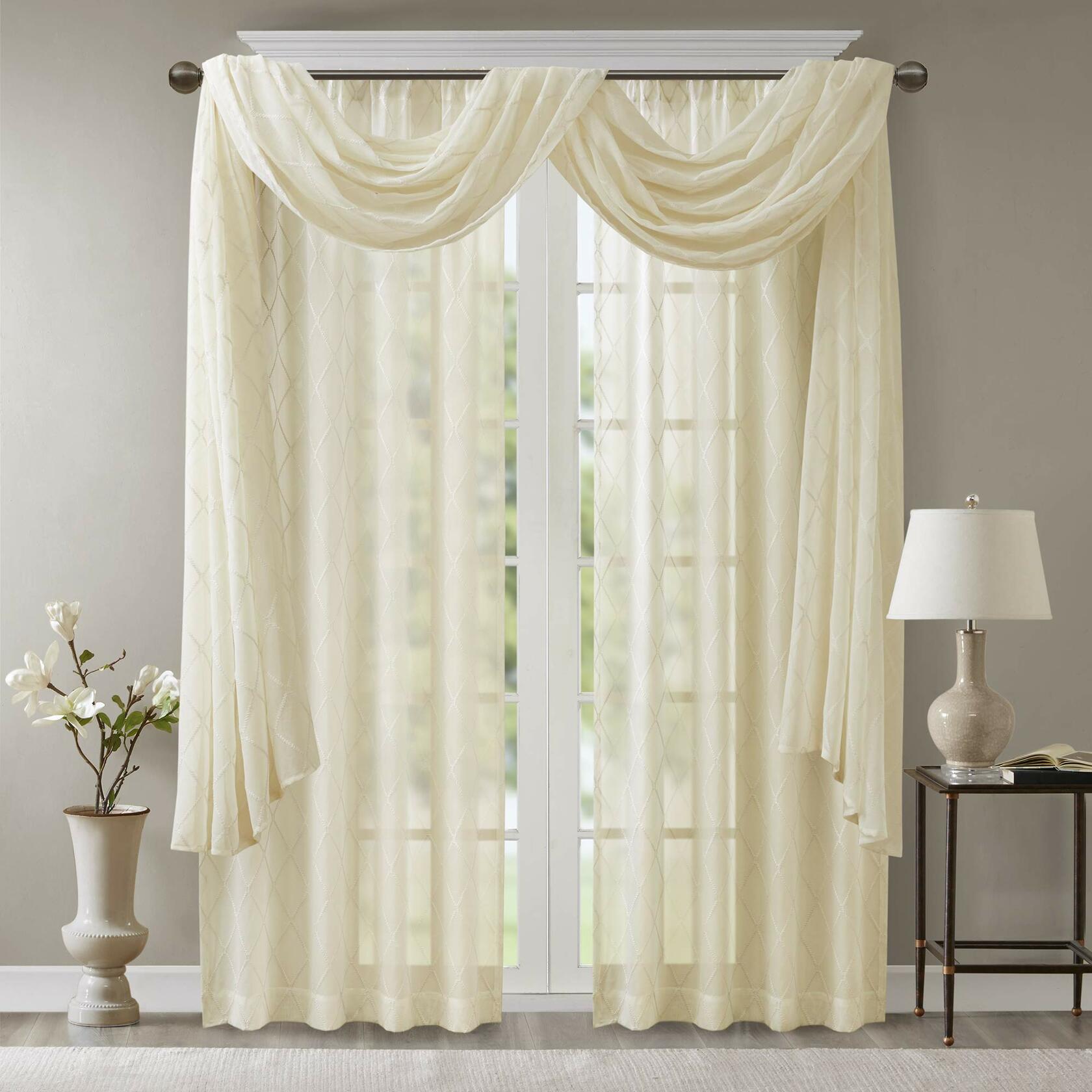 Madison Park Ivory Sheer Curtains For Kitchen, Transitional Fabric Sheer Curtain For Living Room, Irina Embroidered Curtain Sheers , 50"W" x 216"L , 1-Panel Pack
