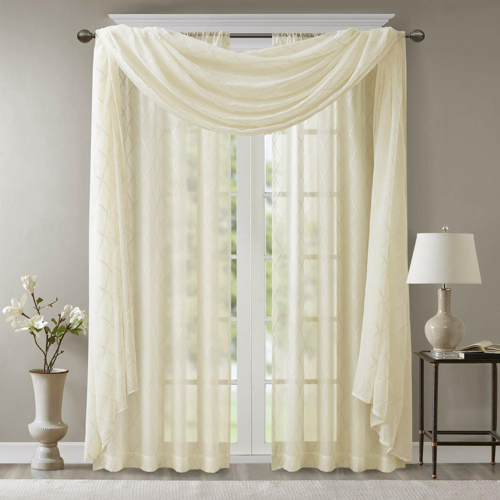 Madison Park Ivory Sheer Curtains For Kitchen, Transitional Fabric Sheer Curtain For Living Room, Irina Embroidered Curtain Sheers , 50"W" x 216"L , 1-Panel Pack