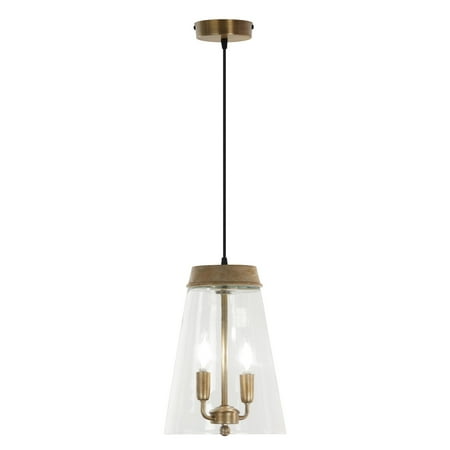 River of Goods 9.75" 2-Light Navarro Metal-Glass and Mango Wood Pendant: Industrial Style, UL Listed, Adjustable Height