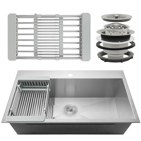 AKDY 32" x 18" x 9" Handmade Stainless Steel Top Mount Kitchen Sink Single Basin Tray Strainer Kit