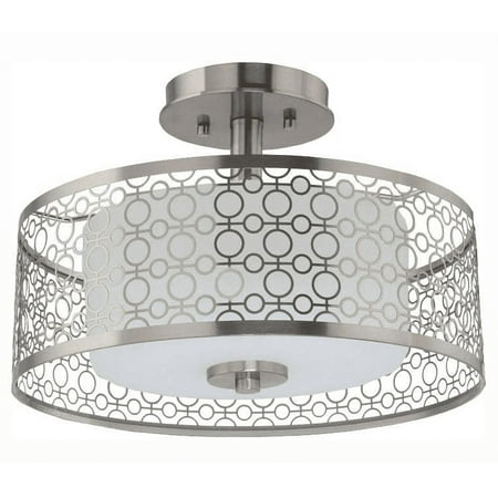 Hampton Bay Toberon 14 in. 1-Light Brushed Nickel LED Semi-Flush Mount with Etched Parchment Glass Shade