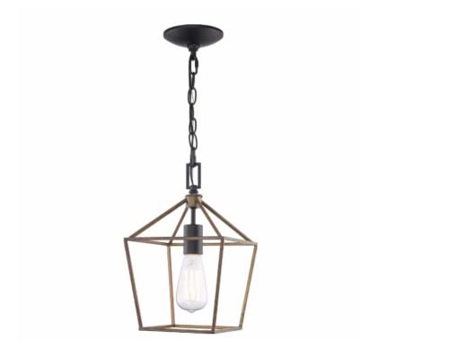 Home Decorators Weyburn 1-Light Farmhouse Caged Black and Faux Wood Mini Pendant