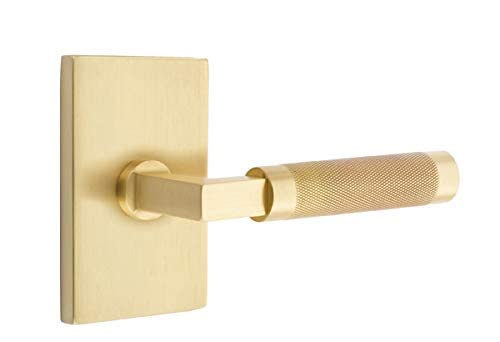 Emtek Select Privacy, Modern Rectangular Rosette, L-Square Stem, Knurled Lever, Satin Brass, LH