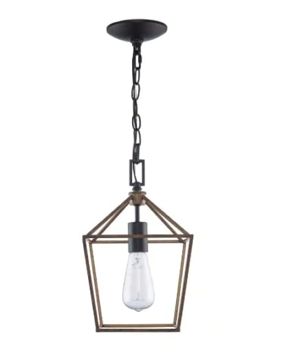 Home Decorators Weyburn 1-Light Farmhouse Caged Black and Faux Wood Mini Pendant