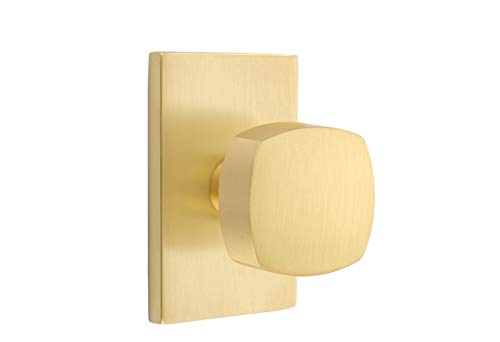 EMTEK Modern Rectangular Rosette Privacy Set with Matching Finish Freestone Square Knob - Choice of 7 Finishes - 5212FRKUS4 - Satin Brass (US4)