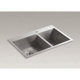 KOHLER Vault 33" Double-Bowl Offset 18-Gauge Stainless Steel Kitchen Sink with Single Faucet Hole K-3823-1-NA Drop-in or Undermount Installation, 9 Inch Bowl