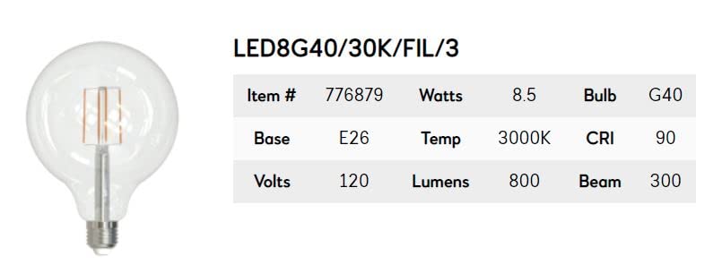 Bulbrite 776879, 8.5 Watt Filament LED Light Bulb, G40 Bulb Type, E26 Standard Base, 800 Lumens, 3000K Color Temperature (CCT), High CRI: 90, LED4B11/27K/FIL/E26/3