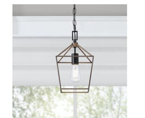 Home Decorators Weyburn 1-Light Farmhouse Caged Black and Faux Wood Mini Pendant