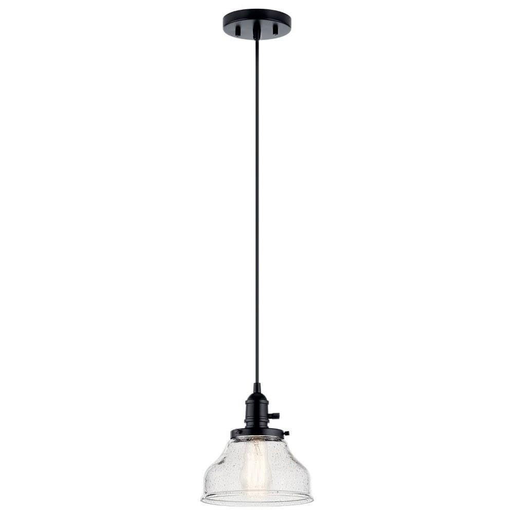 Kichler Avery 8" Bell Mini Pendant Industrial 1 Light Mini Pendant Ceiling Light Fixture with Clear Seeded Glass in Black, for Living Room, Bedroom or Kitchen (8" x 8" x 8.5") 43850BK