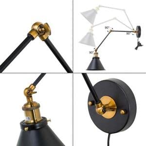 1-Light Black & Gold Wall Lamp Adjustable Plug-in or Hardwire Wall Sconce