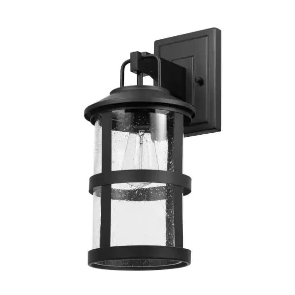 Penelope 1-Light Matte Black Hardwired Outdoor Indoor Wall Lantern Sconce with Seeded Glass Shade